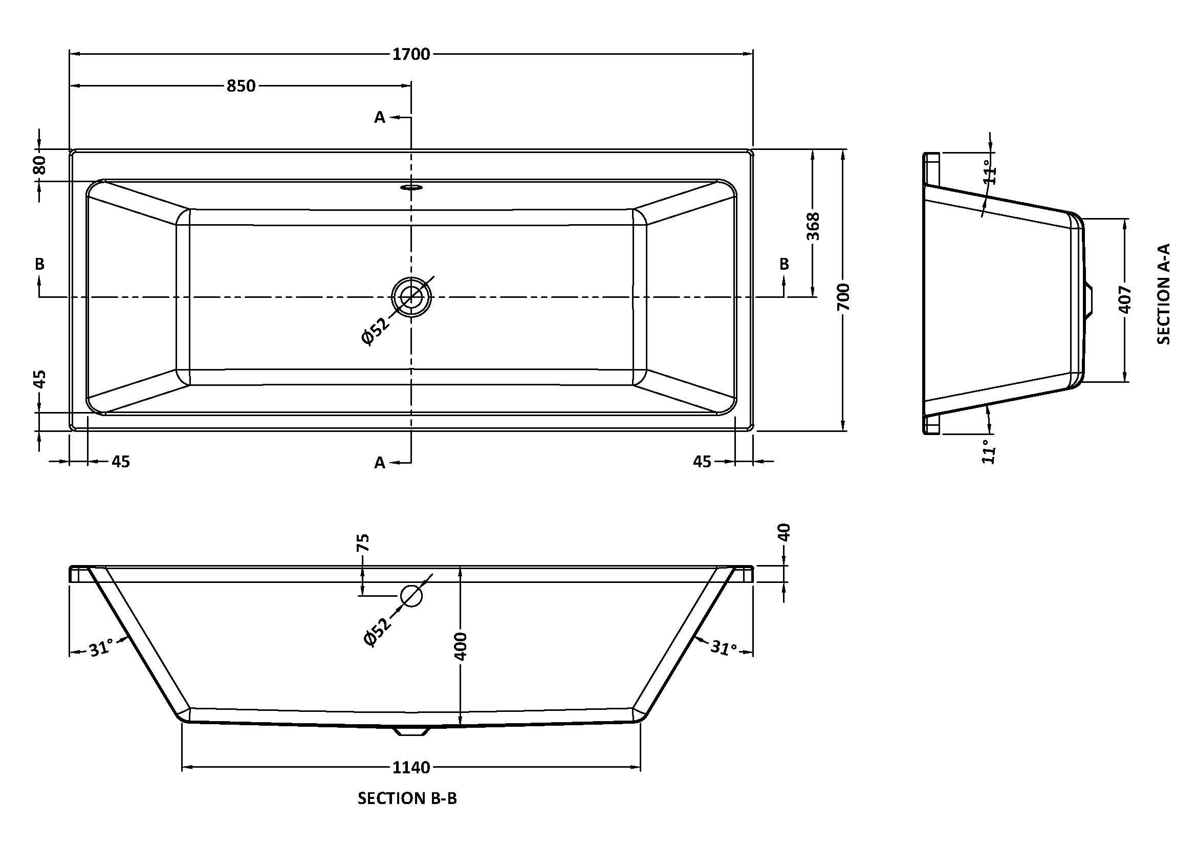 Origin Thin Edge Square Double Ended Bath With Legs - White