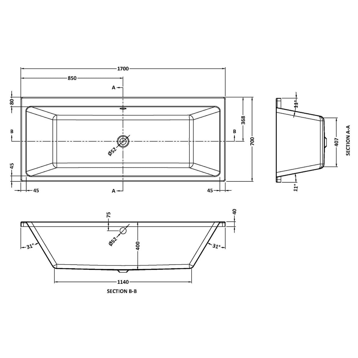 Origin Thin Edge Rectangular Double Ended Bath With Legs - White