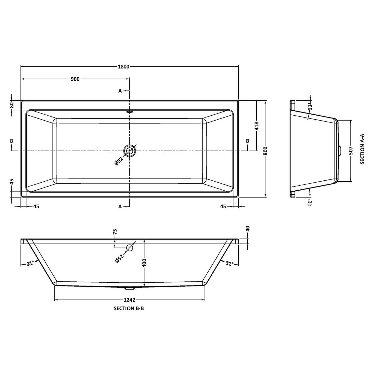 Origin Thin Edge Rectangular Double Ended Bath With Legs - White