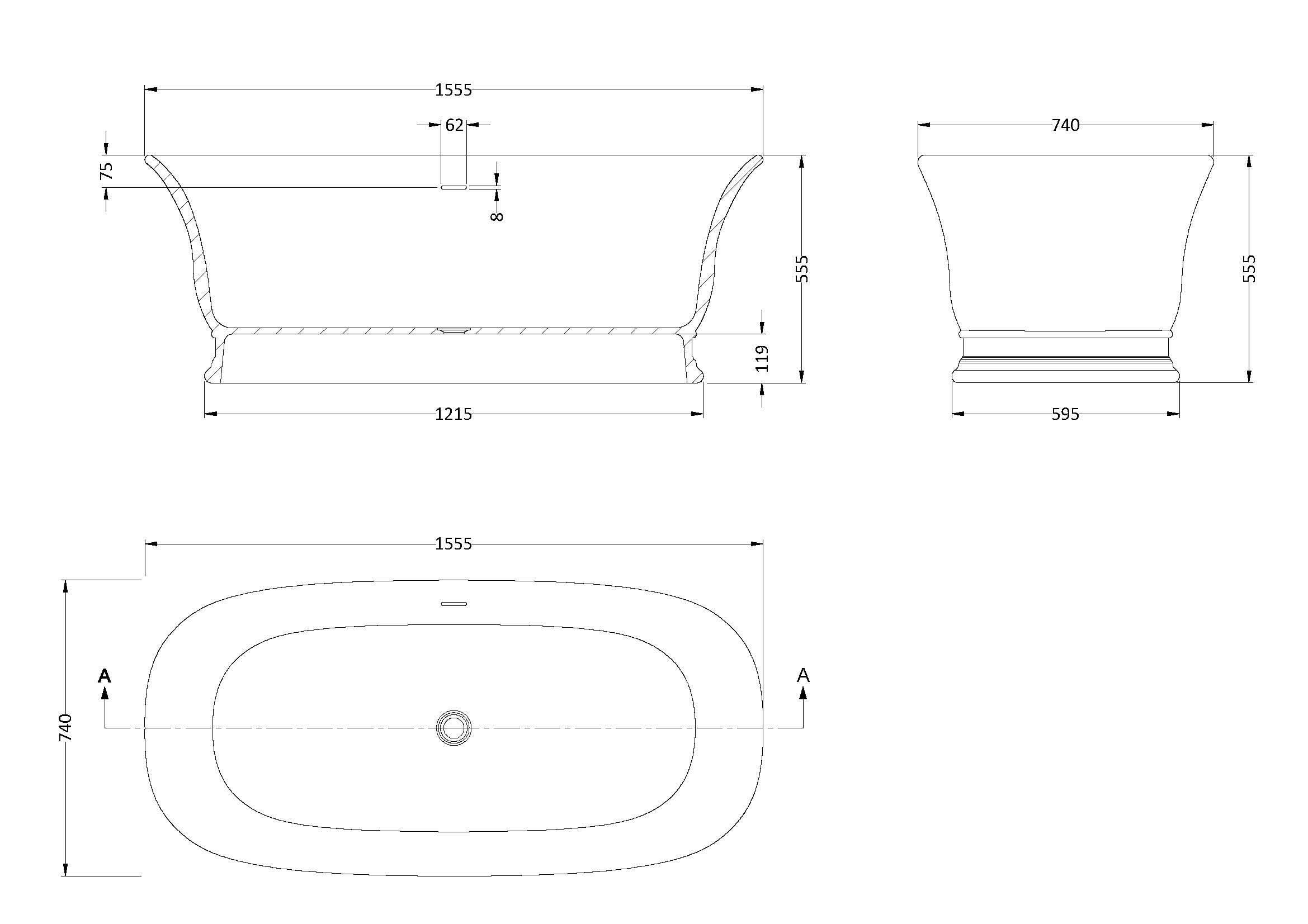 Farringdon Freestanding Bath With Push Button Waste - 1555mm x 740mm - White