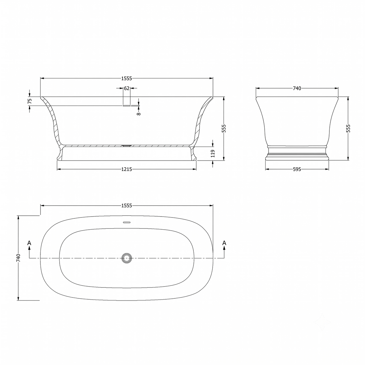 Farringdon Freestanding Bath With Push Button Waste - 1555mm x 740mm - White