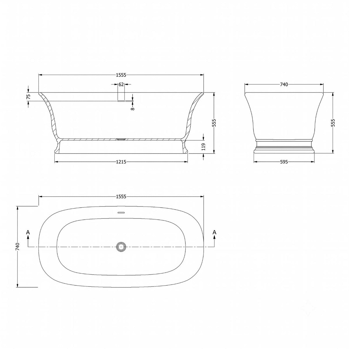 Farringdon Freestanding Bath With Push Button Waste - 1555mm x 740mm - White