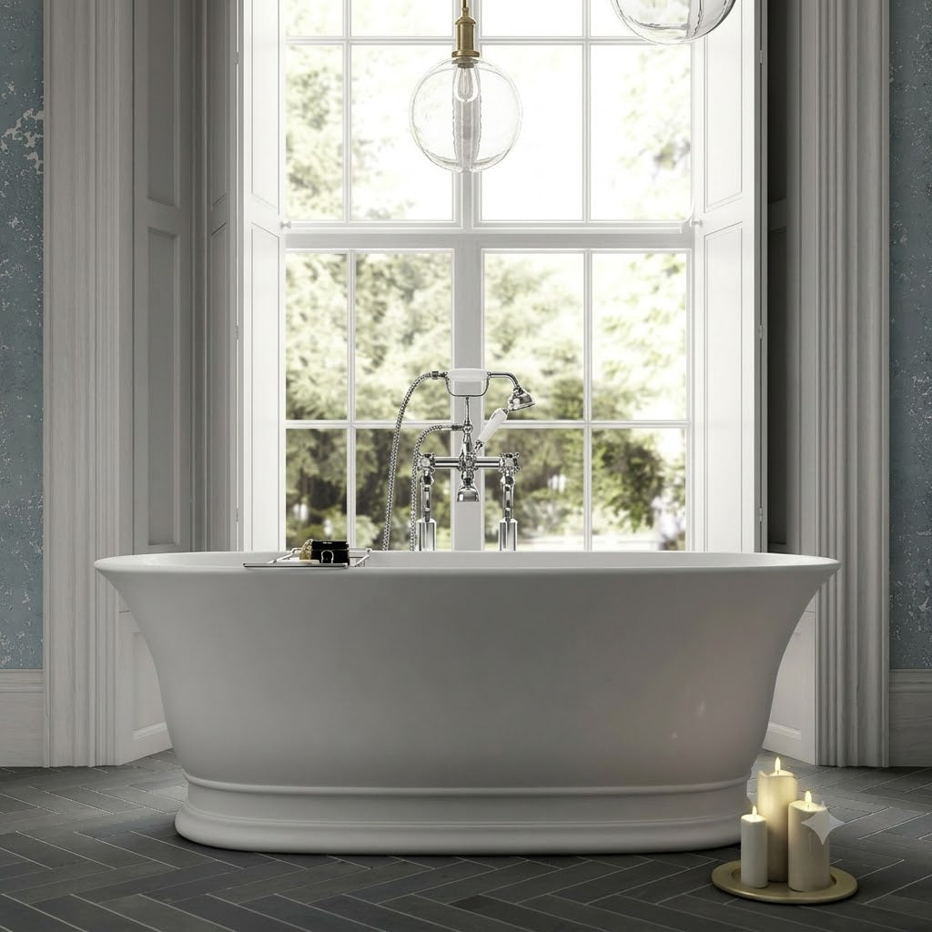 Farringdon Freestanding Bath With Push Button Waste - 1555mm x 740mm - White
