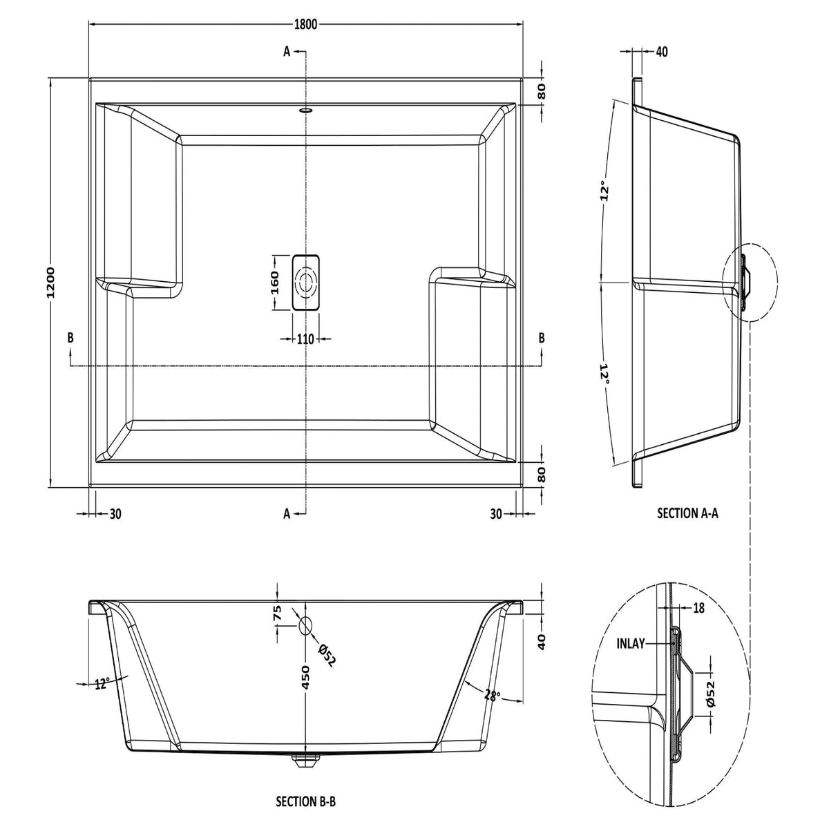 Monaco Double Ended Inset Spa Bath With Legs - 1800mm x 1200mm - Gloss White