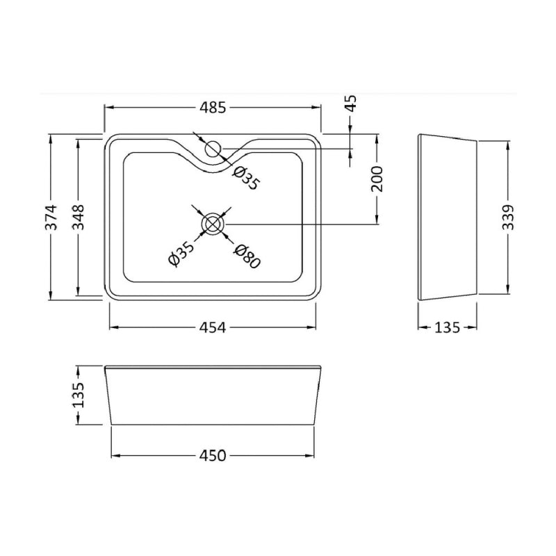 Serenity Rectangular Countertop Basin - 485mm Wide - 1 TH - White