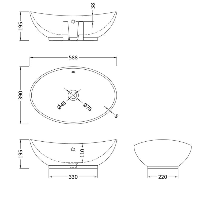 Serenity Oval Countertop Basin - 588mm Wide - White