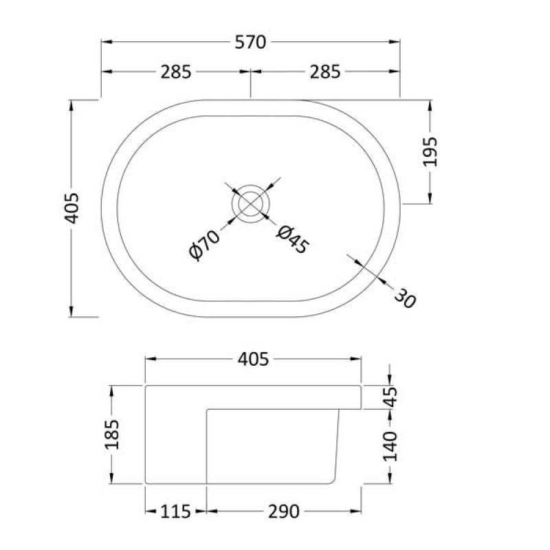 Serenity Oval Semi Recessed Basin - 570mm Wide - White