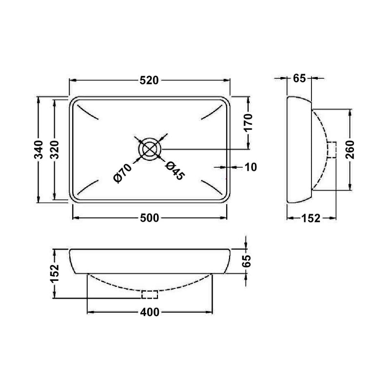 Serenity Rectangular Countertop Basin - 520mm Wide - White