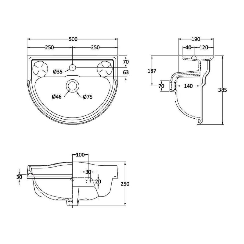 Chiltern Traditional Wall Hung Basin - 500mm Wide - 1 TH - White