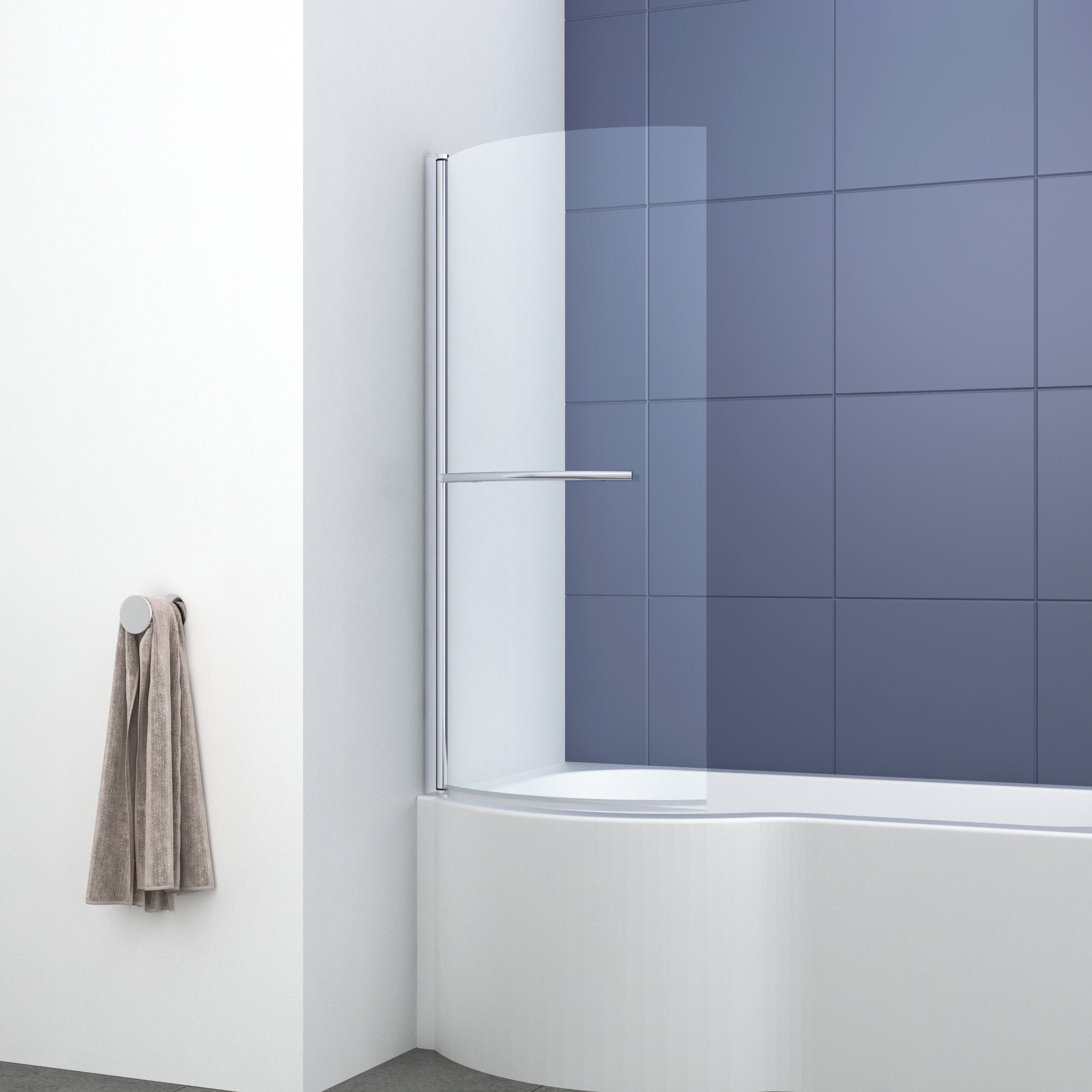 Modern Curved Shower Bath Screen With Towel Rail - 6mm Glass - 1435mm x 720mm - Chrome