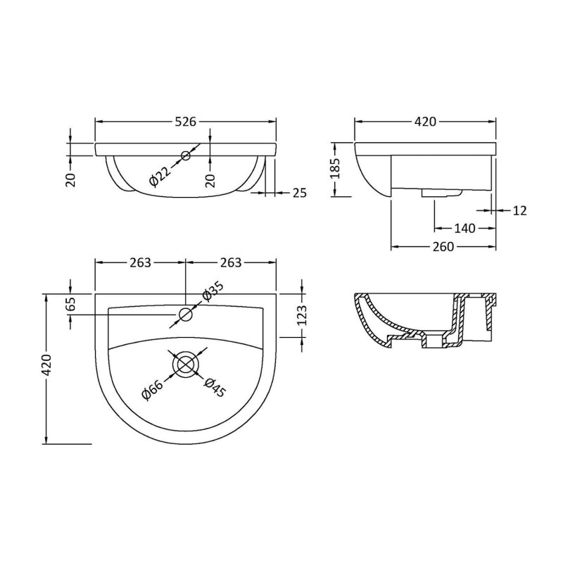 Nio Curved Semi Recessed Basin - 526mm Wide - 1 TH - White