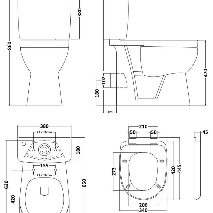 Doc M Packs Comfort Height Close Coupled Toilet with Standard Seat & Cistern - White