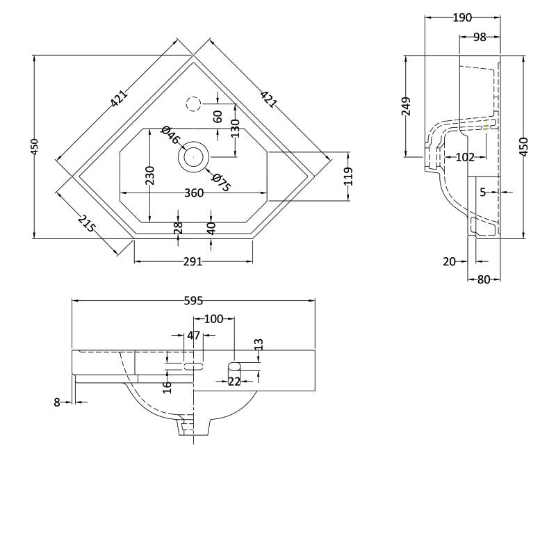 Classique Corner Wall Hung Basin - 600mm Wide - 1 TH - White