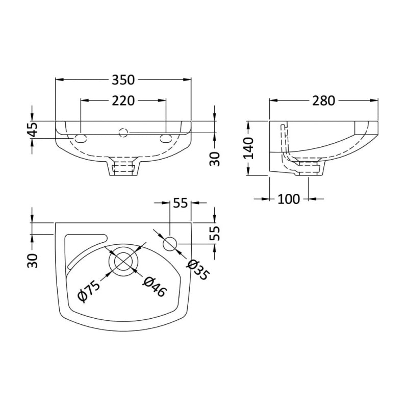 Sydney Cloakroom Wall Hung Basin - 350mm Wide - 1 TH - White