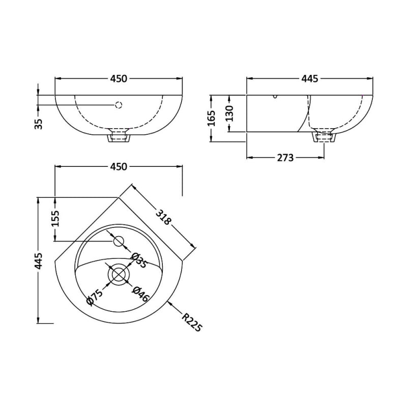 Sydney Corner Wall Hung Basin - 450mm Wide - 1 TH - White