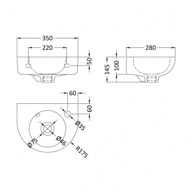 Sydney Rounded Wall Hung Basin - 350mm Wide - 1 TH - White