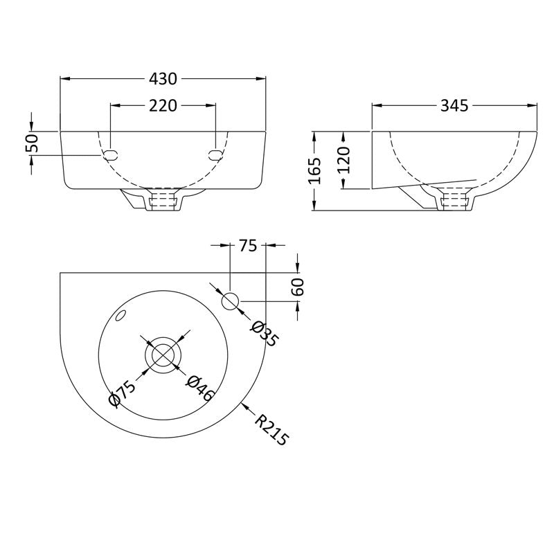 Sydney Rounded Wall Hung Basin - 430mm Wide - 1 TH - White
