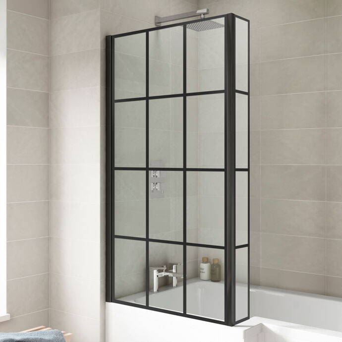 Willow 6mm Square Black Framed Glass Bath Screen with Fixed Return Panel - 1430mm x 795mm - Matt Black
