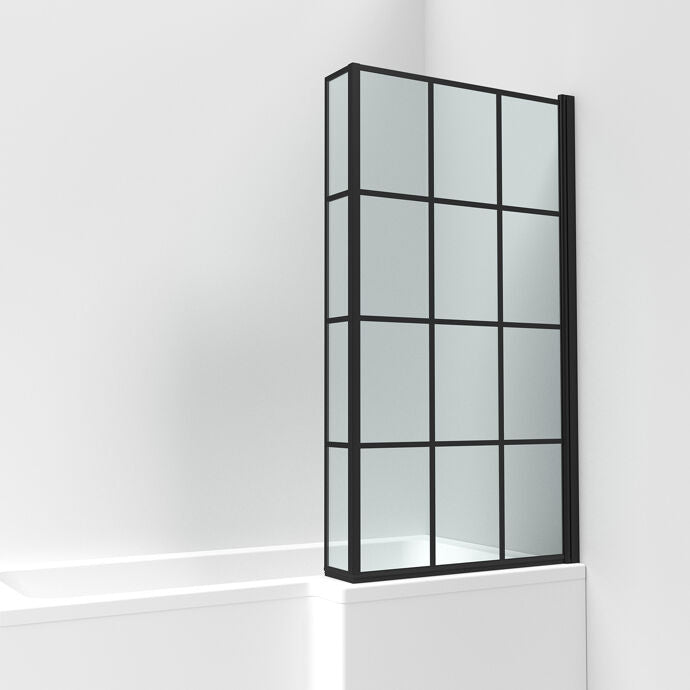 Willow Square 6mm Glass Framed Bath Screen with Fixed Return Panel - 1430mm x 795mm - Matt Black