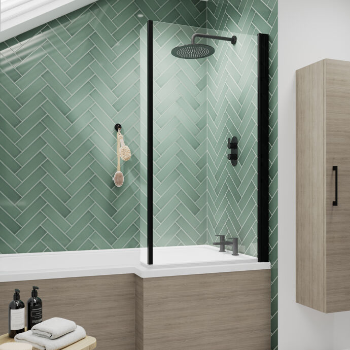 L-Shaped Hinged Bath Screen with Fixed Return Panel - 1430 x 795mm - 6mm Toughened Safety Glass