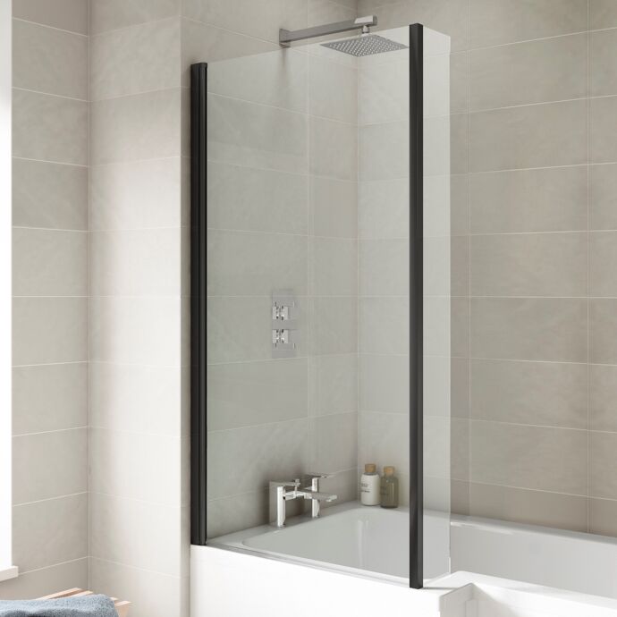 L-Shaped Hinged Bath Screen with Fixed Return Panel - 1430 x 795mm - 6mm Toughened Safety Glass