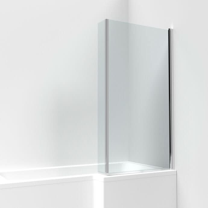 L-Shaped Hinged Bath Screen with Fixed Return Panel - 1430 x 795mm - 6mm Toughened Safety Glass