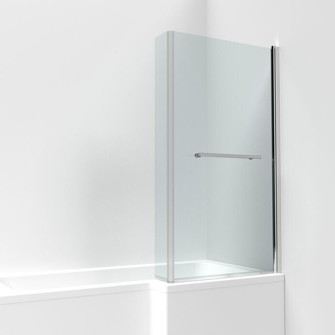 L-Shaped Hinged Bath Screen with Fixed Return Panel and Towel Rail - 1416 x 815mm - Chrome