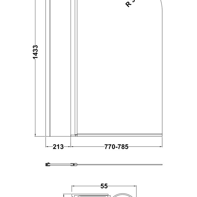 Curved Top Bath Screen with Fixed Return Panel - 1430 x 998mm - Chrome