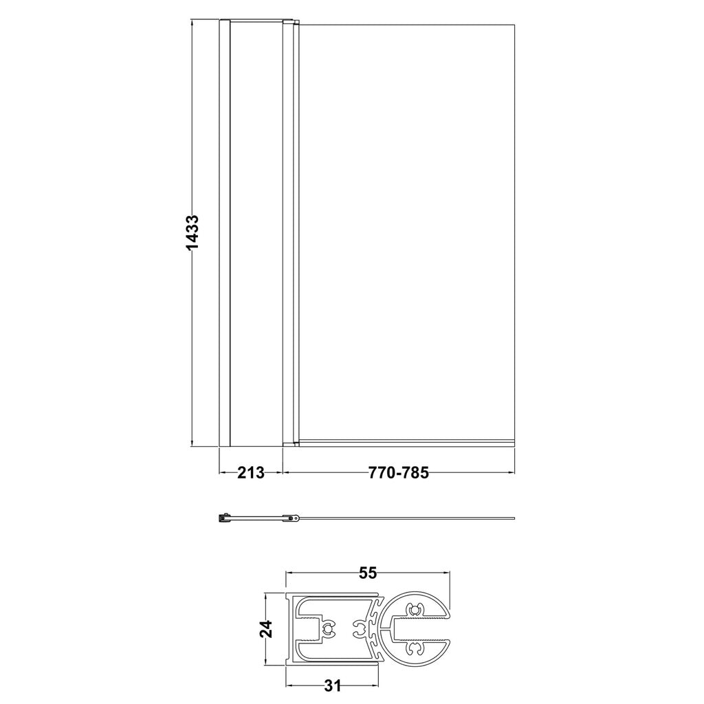 Elite 6mm Square Glass Bath Screen with Fixed Return Panel - 1433mm x 998mm - Chrome