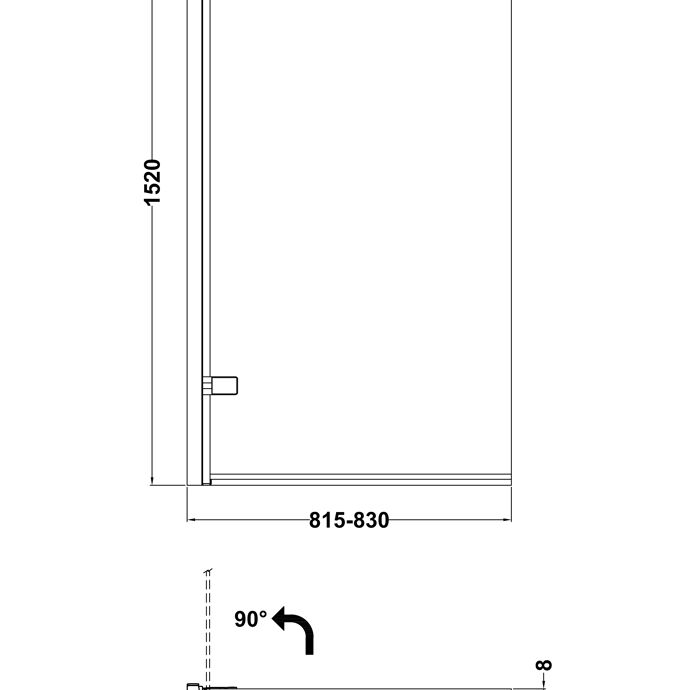 Square Hinged Bath Screen - 1520 x 830mm - 8mm Toughened Safety Glass