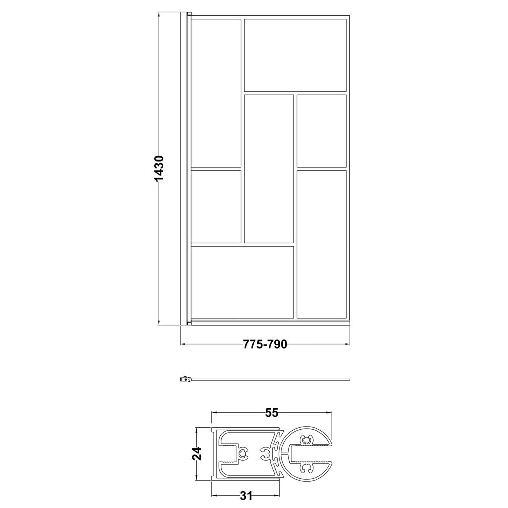 Rivera 6mm Abstract Glass Framed Bath Screen - 1430mm x 790mm - Matt Black