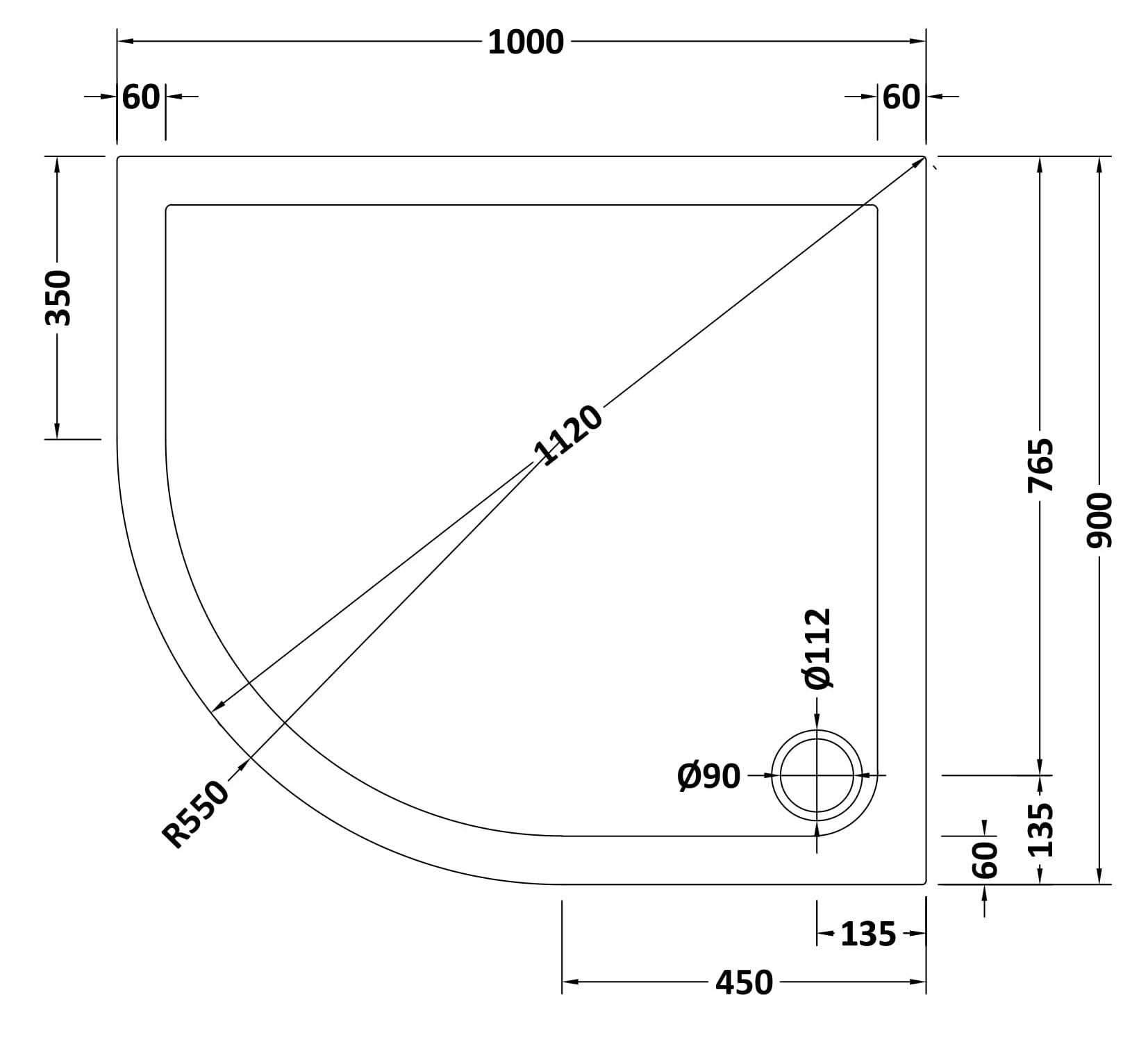 Alex Slimline Left Hand Offset Quadrant Shower Tray