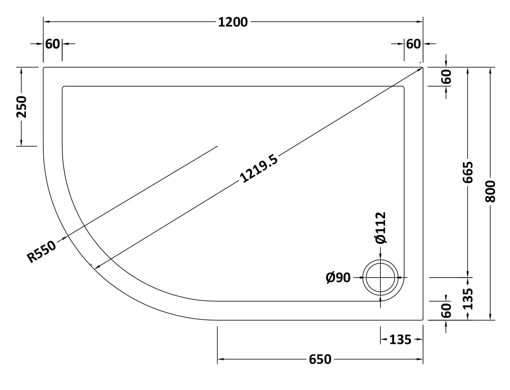 Alex Slimline Left Hand Offset Quadrant Shower Tray