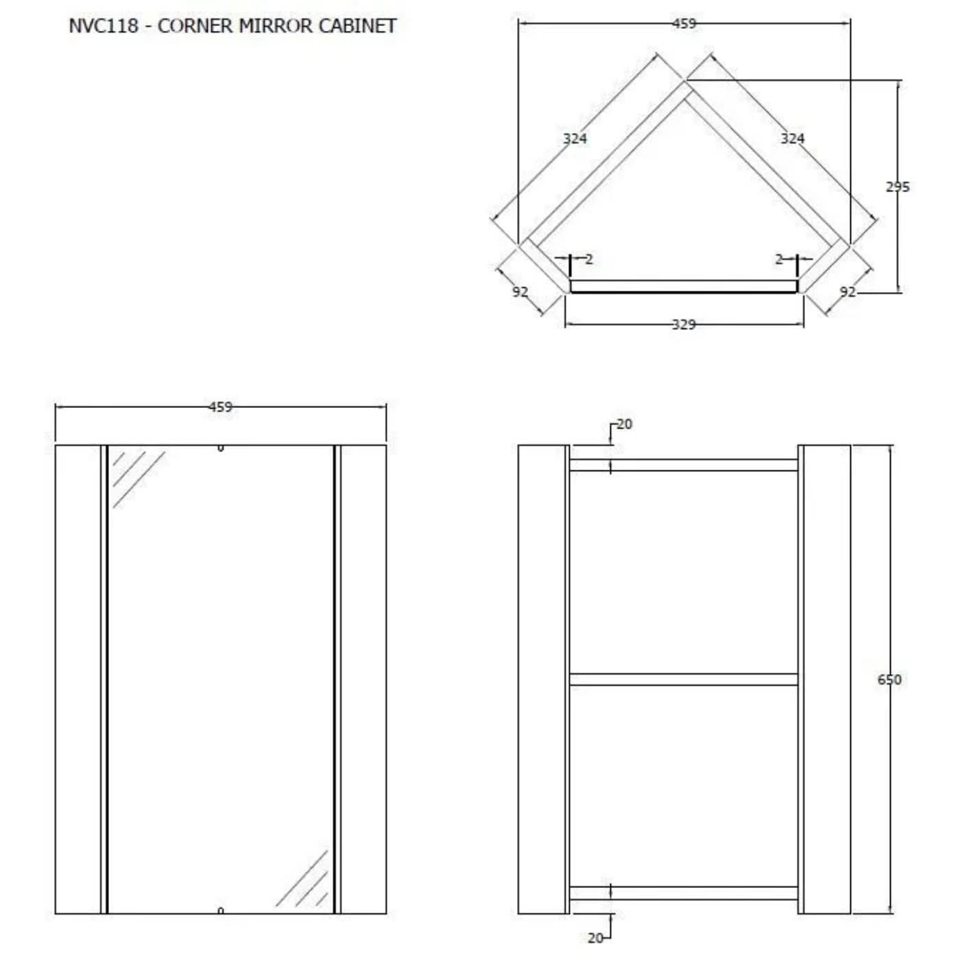 Element Non Iluminated Corner Mirror Cabinet - 650mm x 459mm - Gloss White