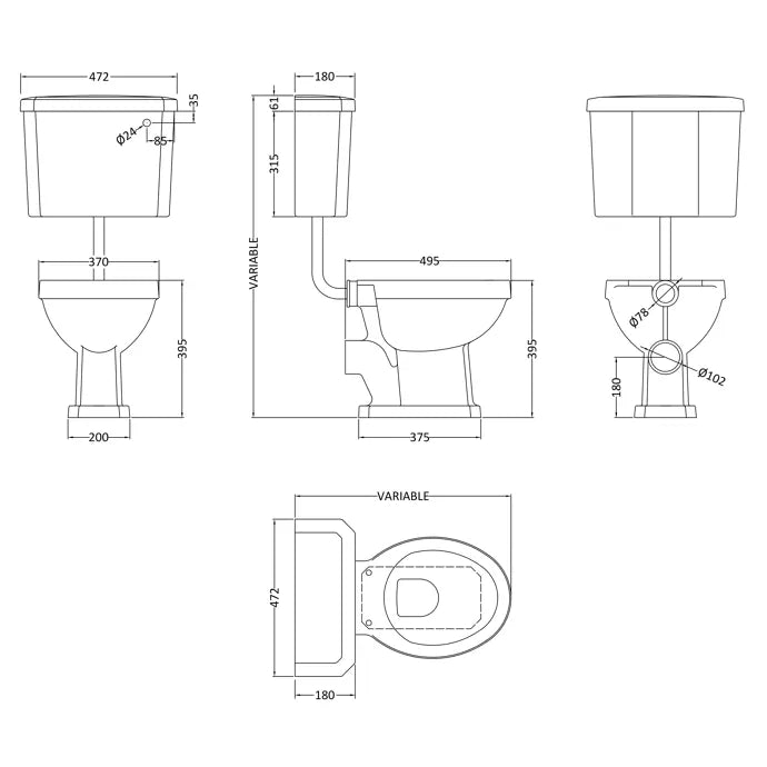 Carlton Low Level Toilet With Cistern & Flush Pipe Kit - White