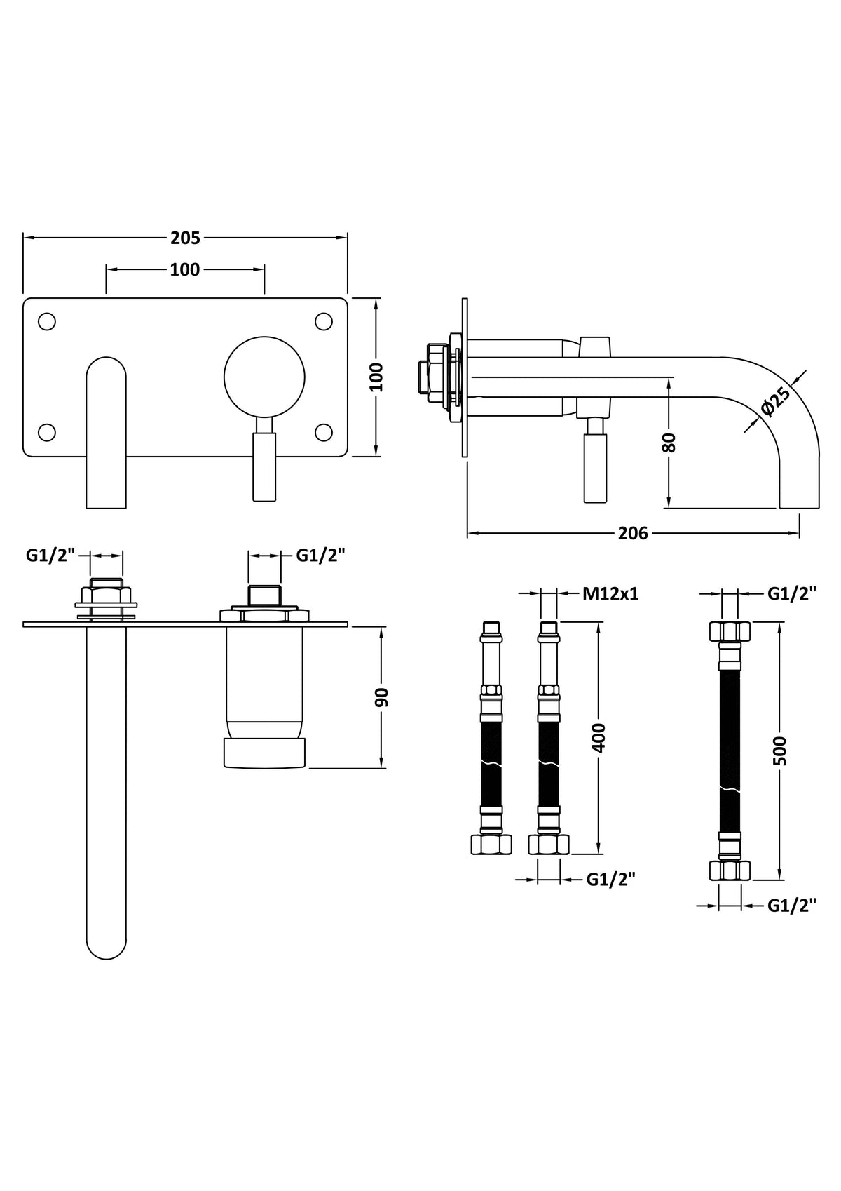 Meander Tec Single Lever Wall Mounted Basin/Bath Filler Tap