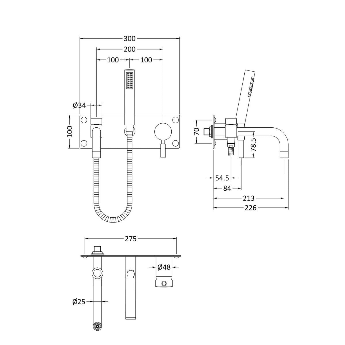 Meander 2-Hole Wall Mounted Bath Shower Mixer Tap - Chrome