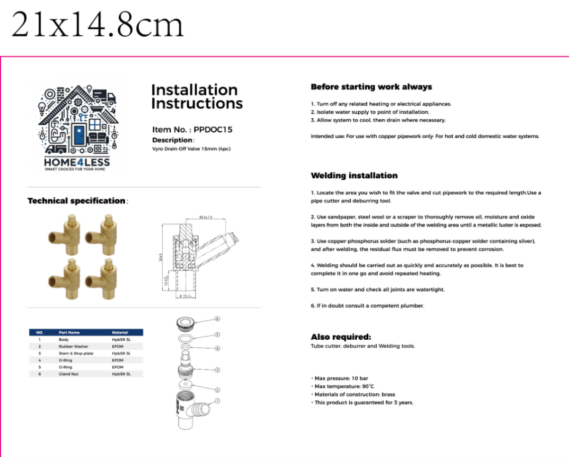 VeeBath 15mm Brass Drain Off Cock (4 Pack)