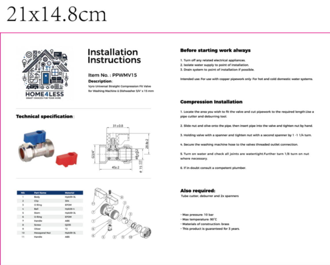 VeeBath 15mm x 3/4" Straight Machine Valve