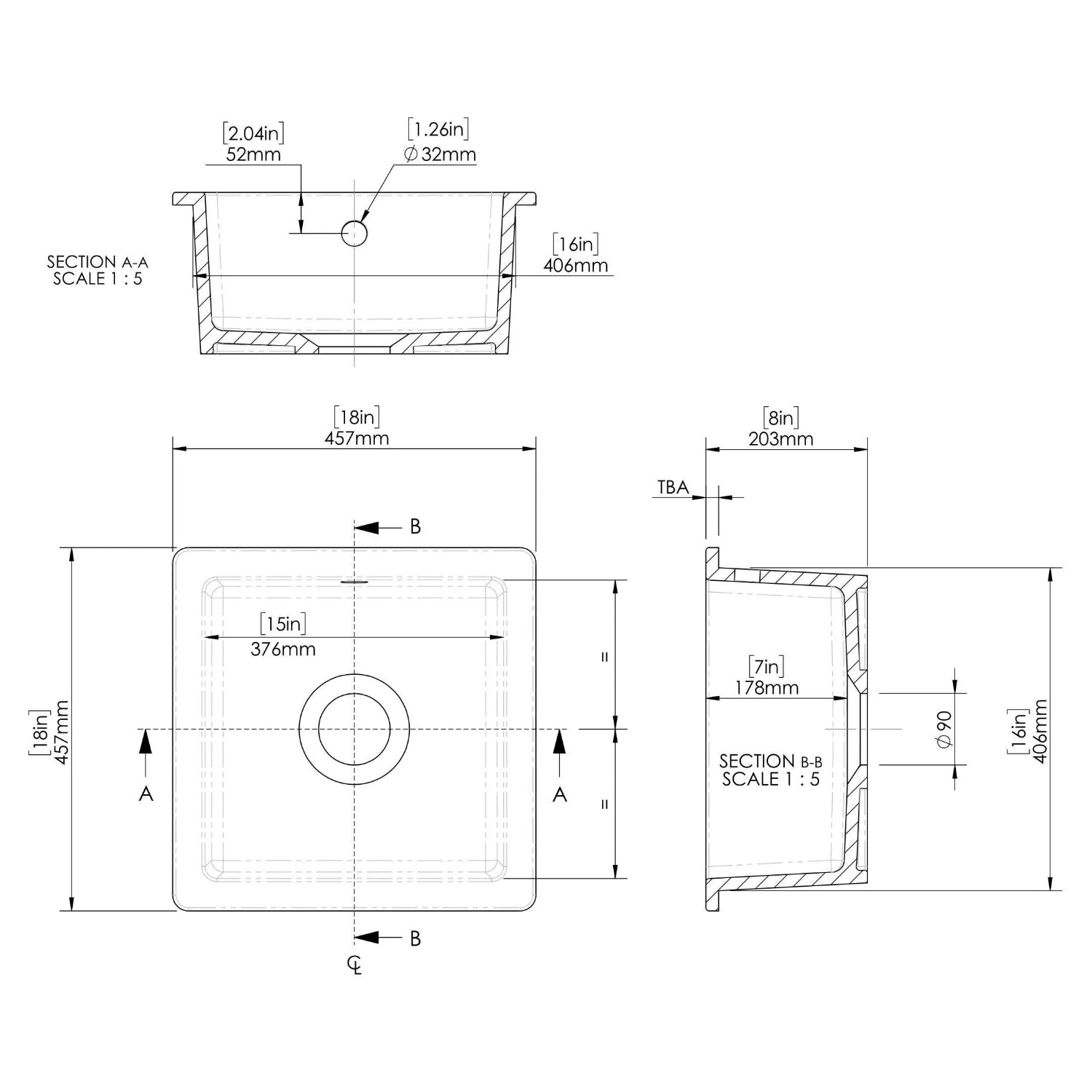 Nuie 457mm Single Bowl Square Inset Sink With Central Waste And Overflow