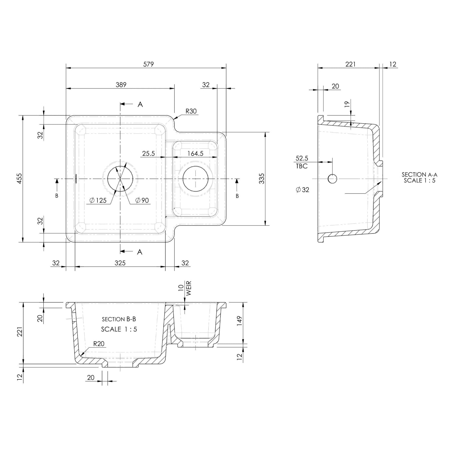 Nuie 579mm 1.25 Bowl Rectangular Inset Sink - White