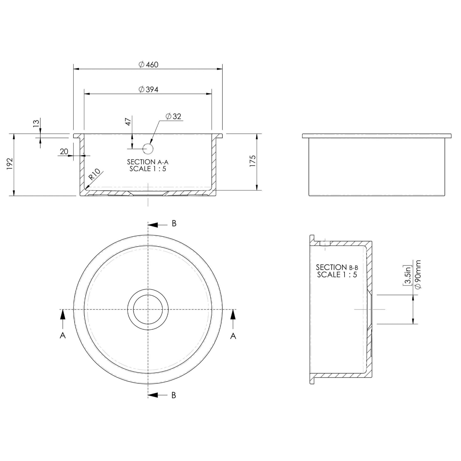 Nuie 460mm Single Bowl Round Inset Sink With Central Waste And Overflow