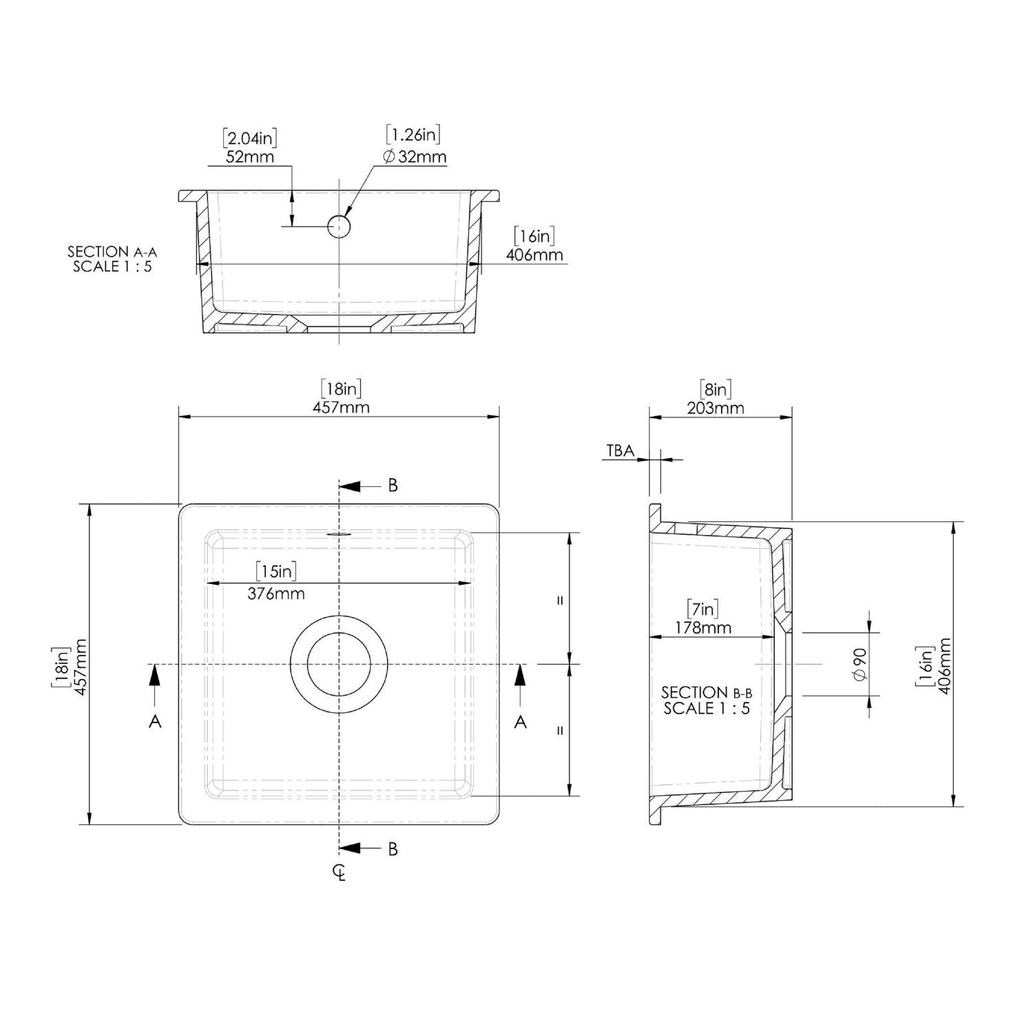 Nuie 457mm Single Bowl Square Inset Sink With Central Waste And Overflow