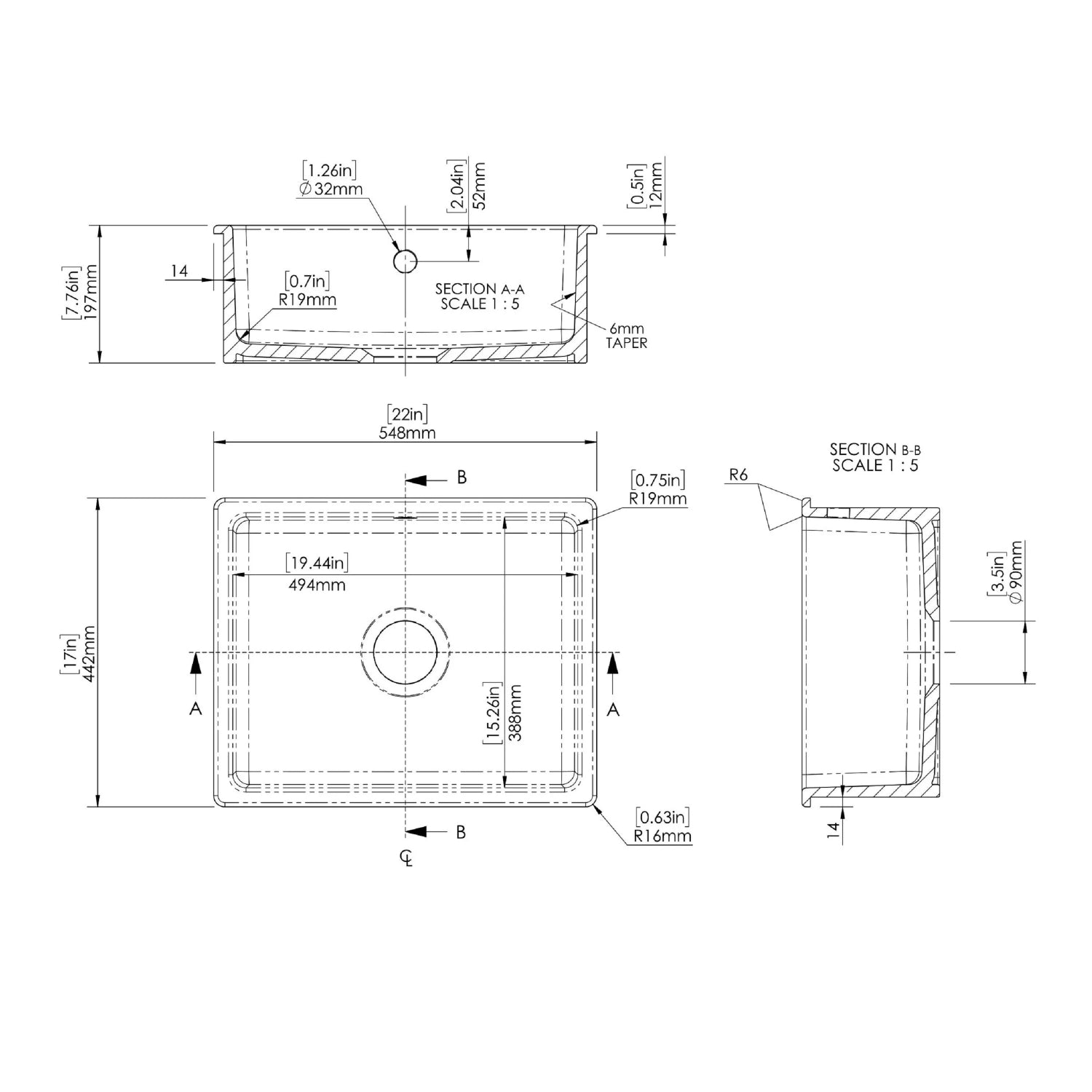 Nuie 548mm Single Bowl Rectangular Inset Sink With Central Waste And Overflow