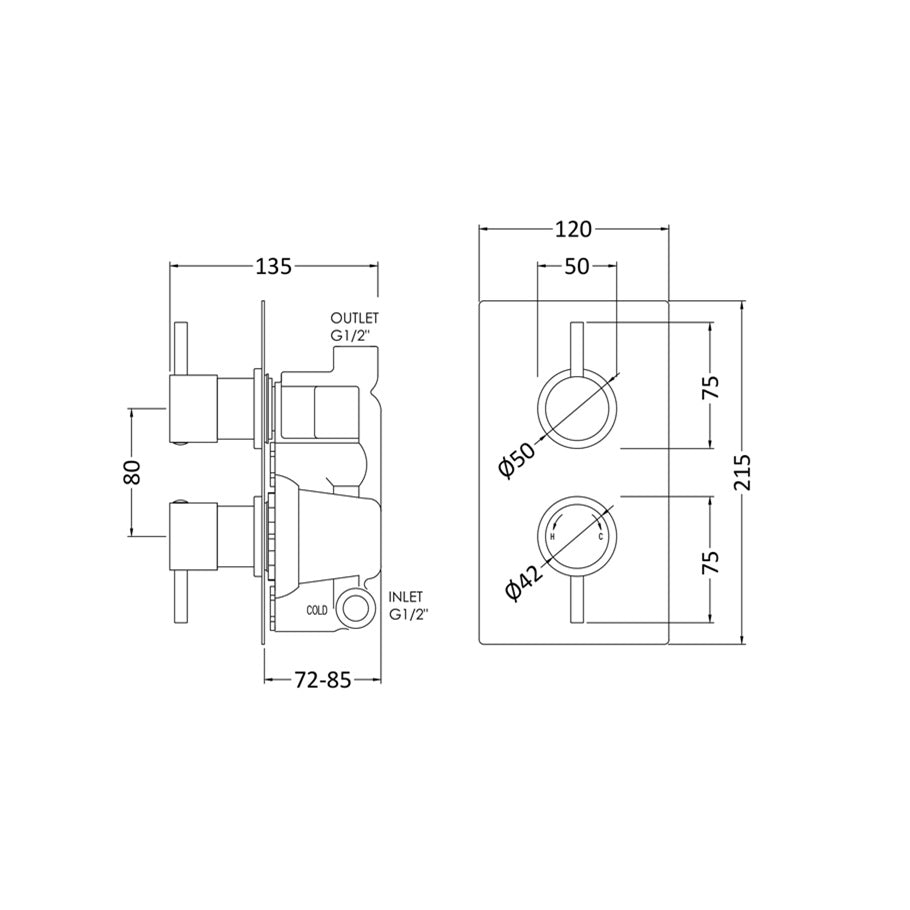 Knurl 1 Outlet Thermostatic Rectangular Concealed Shower Valve - Chrome