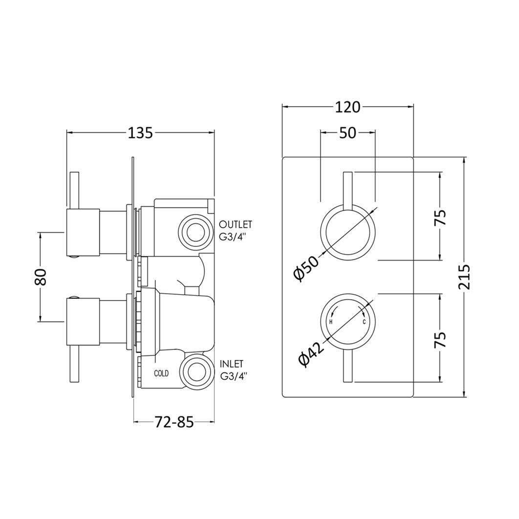 Knurl 2 Outlet Rectangular Concealed Shower Valve With Diverter - Chrome