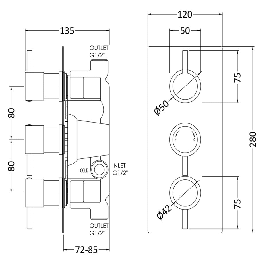 Knurl 2 Outlet Thermostatic Concealed Shower Valve - Chrome