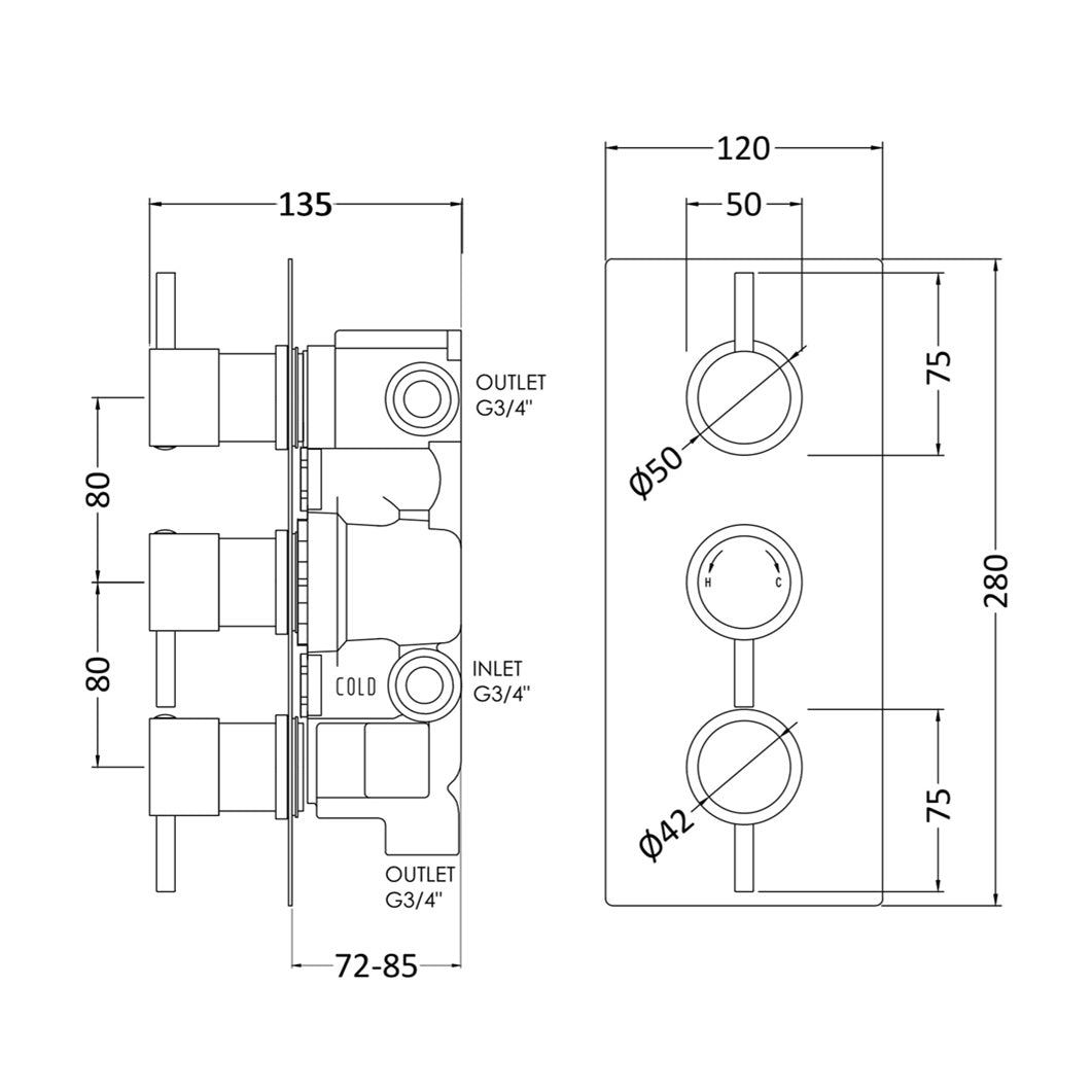 Knurl 3 Outlet Thermostatic Concealed Shower Valve With Diverter - Chrome