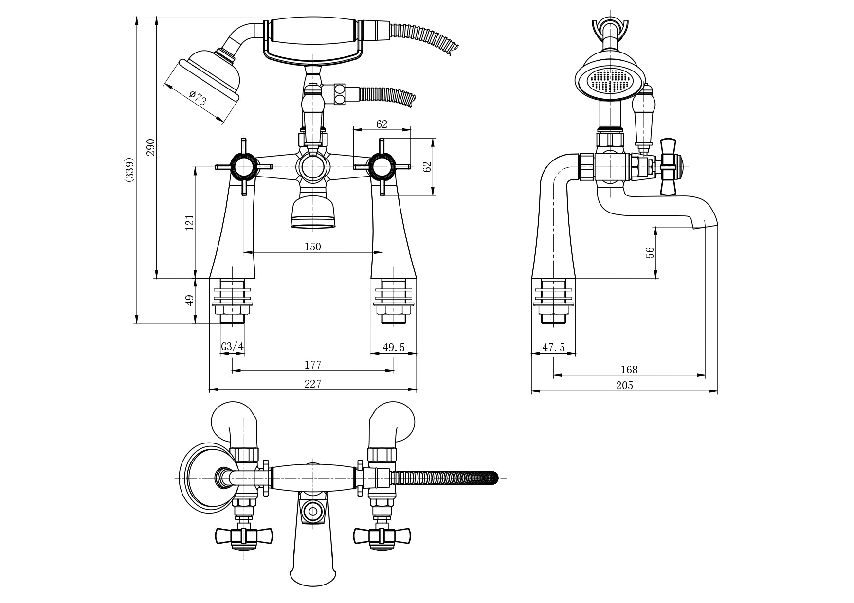 Ripple Traditional Bath Shower Mixer Tap