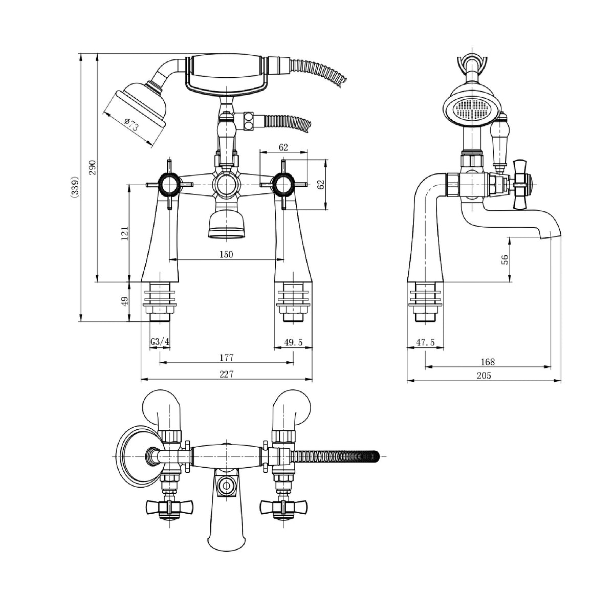 Ripple Traditional Bath Shower Mixer Tap